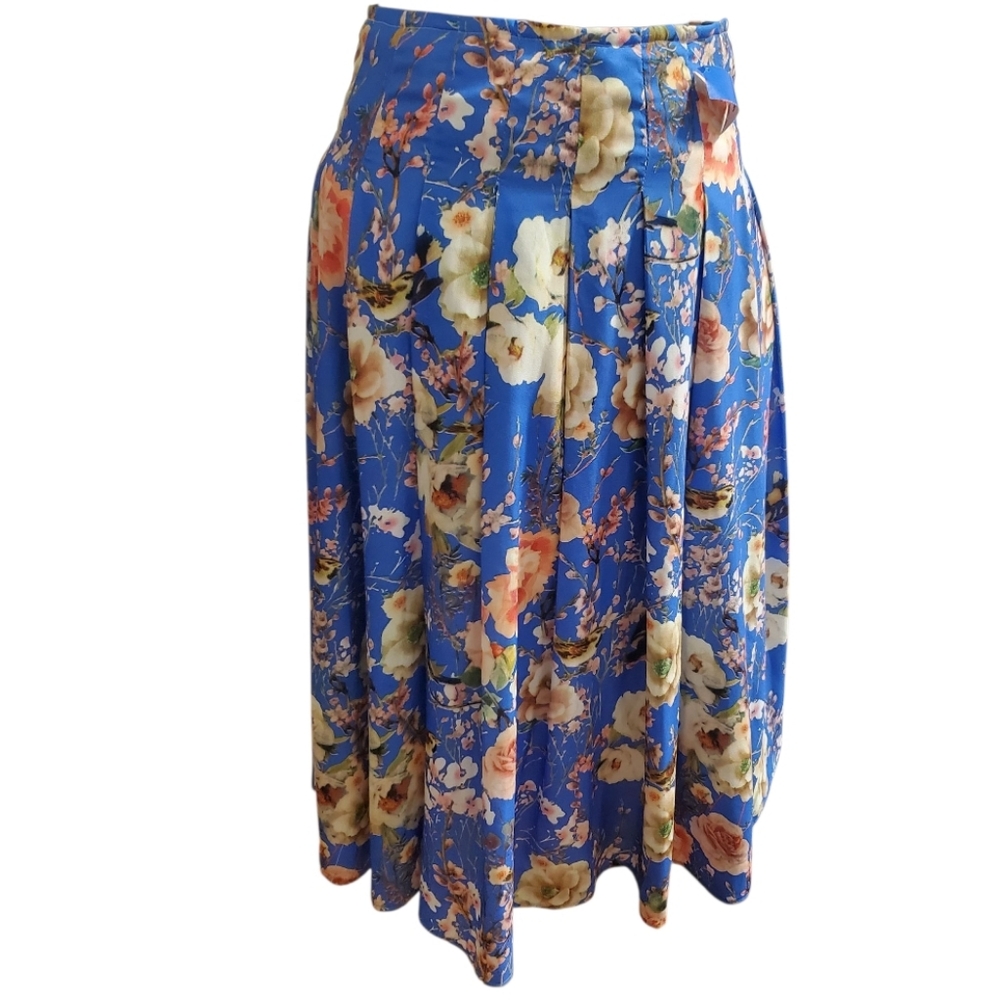 Gracia Blue Floral Pleated Midi Skirt Women's Size Large Cottagecore Romantic - Picture 1 of 4